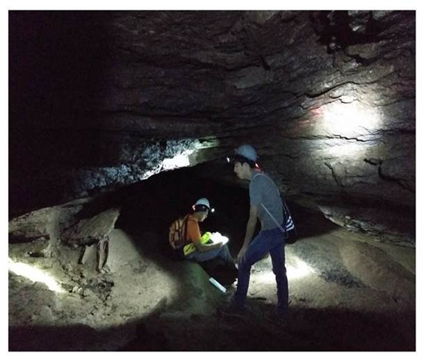 Dr. Abolins (left) and undergraduate Mark Olivera (right) inside Snail Shell Cave, Rutherford County, Tennessee.